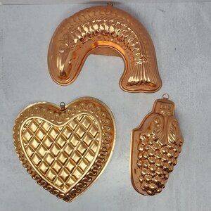 Set of 3 Vintage Copper Gelatin Molds Heart, Fish & Grapes Old Dutch Jello Cake